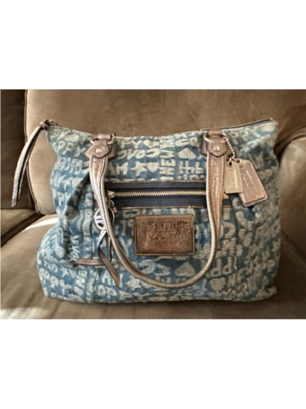 COACH VTG Poppy Denim Signature Wordblock Glam Tote Bag 16988 Vintage Y2K RARE